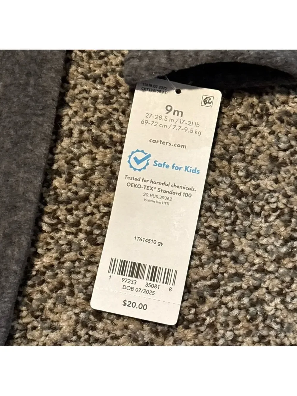 Brand NEW! Carter’s Gray Baby Fleece One Piece Footie 9 months NWT